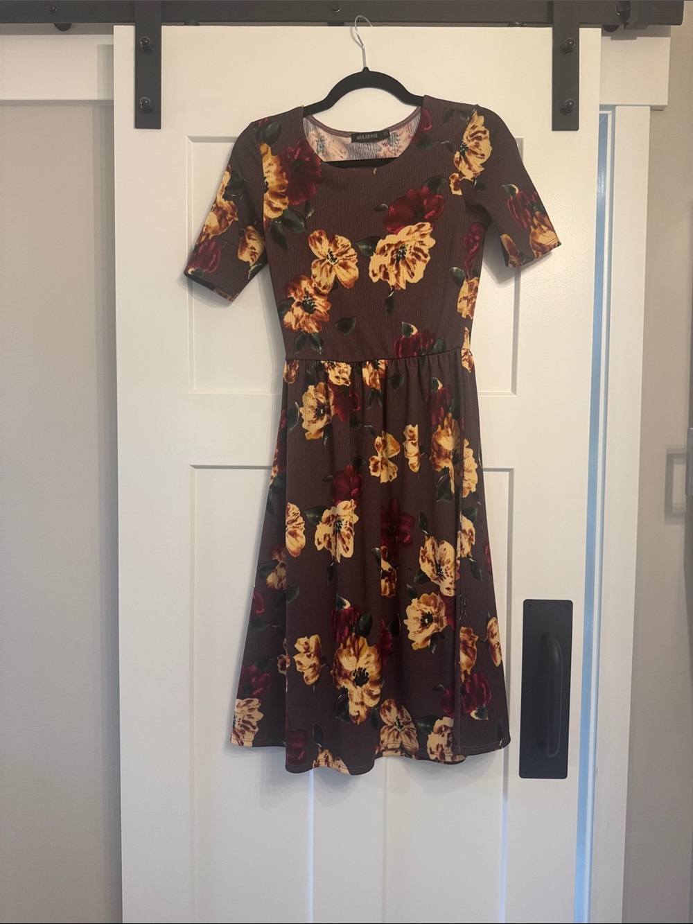 JessaKae Brown Midi Dress with Yellow & Burgundy Floral Print